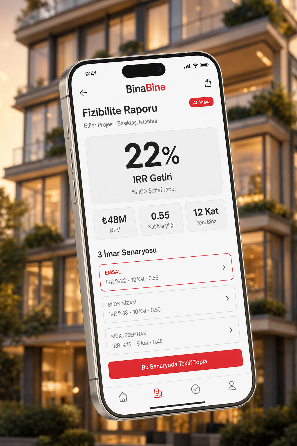 BinaBina mobil uygulamasında Etiler Projesi fizibilite raporu — IRR %22, 3 imar senaryosu